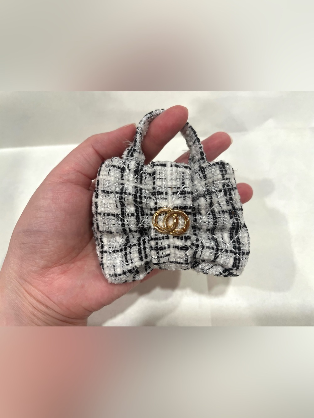 Black and White Tweed Bow Mini Handbag Charm